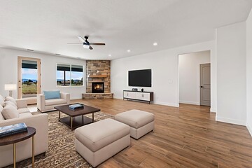 The living room features beautiful hardwood floors along with a cozy fireplace