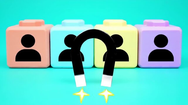 Pastel cubes and a magnet attracting black people icons on a turquoise background, symbolizing recruitment and human resources in a simple and symbolic design.