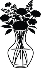Silhouette of a bouquet of flowers in a glass vase on white vector illustration