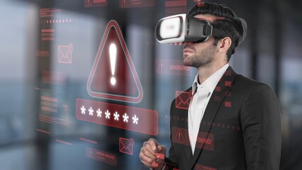 A businessman immersed in a virtual reality experience while interacting with digital displays featuring warning alerts, emphasizing modern technology impact on security. Raster