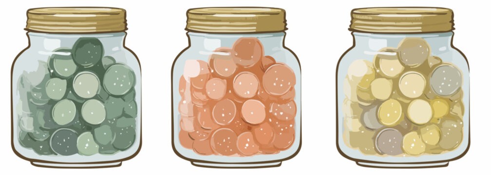 Tre barattoli di vetro pieni di monete colorate rappresentano risparmi e investimenti diversi.
