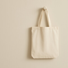 Blank canvas tote bag hanging on a round hook against a beige wall with soft shadow and generous copy space