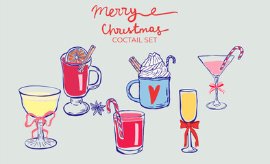 Set of hand-drawn whimsical illustrations of cocktails, mulled wine, hot chocolate, Christmas cocktails in ink doodle style. Hand-drawn collection of drinks.