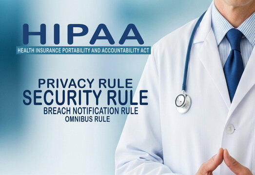 Doctor in white coat with stethoscope standing beside HIPAA compliance text &mdash; highlighting privacy rule, security rule, breach notification, and omnibus rule for healthcare data protection