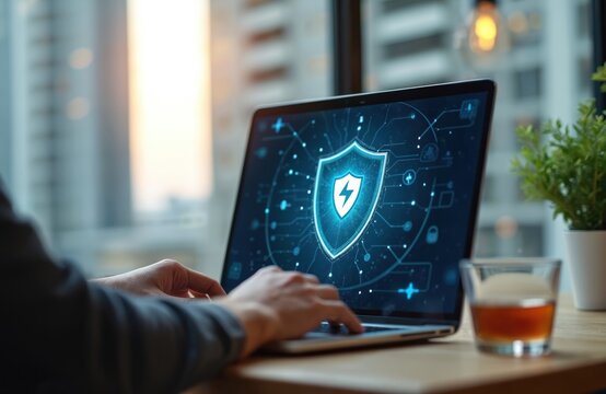 Person uses laptop in cafe for online security. Digital shield icon displays cyber protection. Data privacy, secure internet connection via VPN app on tech device. Safeguards personal info, protects