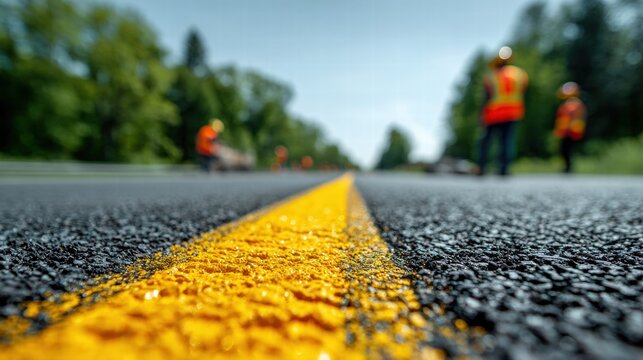 Road workers painting a yellow line on a freshly paved road