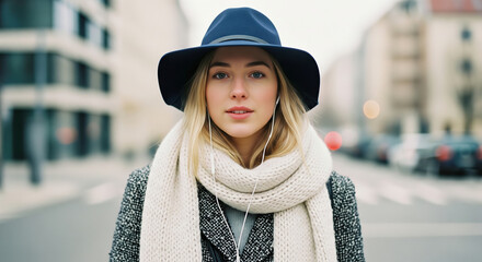 Portrait of a stylish young blonde woman wearing a hat and listening to music on a city street. Modern urban lifestyle of a Caucasian adult.