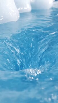 Mesmerizing close-up of vibrant blue water swirling gracefully in a powerful vortex creating an abstract liquid dance with sparkling reflections and cool refres