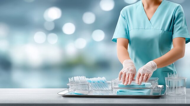 Professional nurse writing medical documentation in a clean modern hospital laboratory environment with vials and blue uniform focus on precision, Generative AI