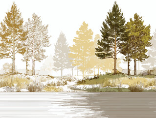 Illustrazione artistica di un paesaggio boschivo con alberi stilizzati e riflessi sull'acqua.