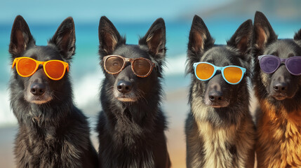 Fototapeta premium Four dogs wear colorful sunglasses on a sunny beach. Bright ocean backdrop and colorful lenses create a playful summer vibe.