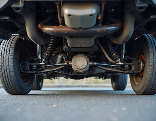 Fototapeta premium Close view car suspension system and chassis parts. Undercarriage of vehicle. Automotive tech. Repair service. Tire and wheel inspection. Auto mechanic. Safety check. Technical maintenance of car.