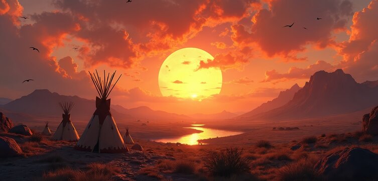 Tipi village in sunset light. Native american tents stand near river. Dramatic sky, rocks, distant mountains. Concept for culture, history, travel. Wild west landscape with traditional dwelling at