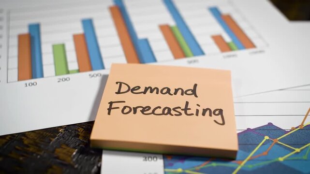 Peach note with demand forecasting text over charts and graphs on a white paper, highlighting data analysis and business trends for financial reports.