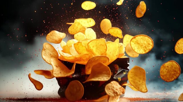 Bag of chips bursts open, scattering crispy snacks in a dramatic display. The vibrant colors and textures create an exciting visual experience against a dark background