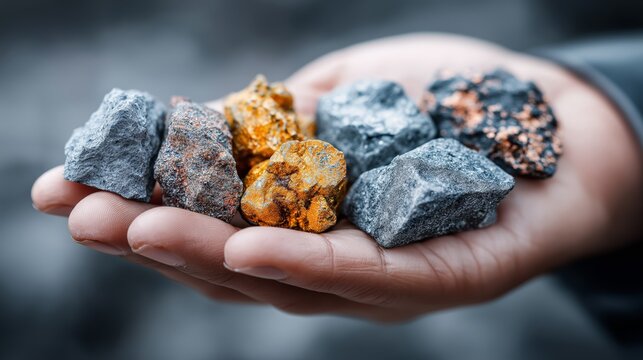 Hand holding colorful mineral rocks symbolizing geology, natural resources, and mining industry focused on raw material collection and earth composition, Generative AI