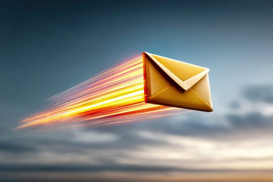 A golden email envelope speeding through the sky, signifying fast communication and delivery.