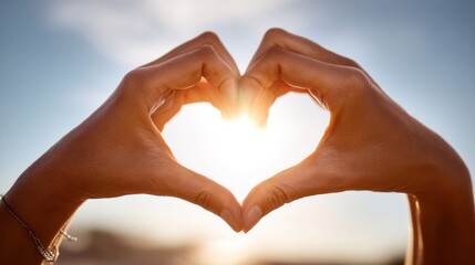 Obraz premium Hands forming a heart shape against a backdrop of a bright and sunny sky at dusk.