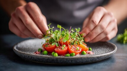 Chef garnishing a fresh tomato salad with microgreens on a stylish plate.