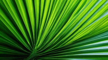 Close-up of vibrant green palm leaf, showcasing intricate textures and patterns.