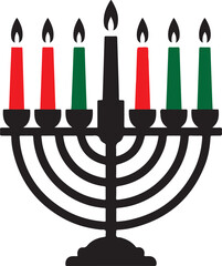 Kwanzaa kinara with seven lit candles in red green and black