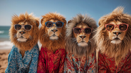 Fototapeta premium Four lions wearing sunglasses pose on a sunny beach. They wear colorful shirts for a playful photo.
