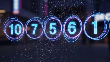 Glowing numbers 10, 7, 5, 6, and 1 inside nested, glowing, neon-like circles. Bokeh background