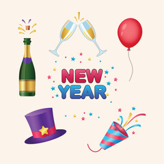 Festive new year celebration elements isolated on white background featuring champagne, hat, and party decorations