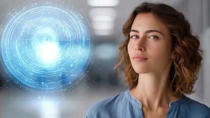 Serene female embracing inner peace and relaxation while surrounded by digital holograms in a contemporary setting. Concept highlights mindfulness, mental health, and harmony with technology - Powered by Adobe