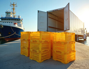 Yellow crates are stacked by a refrigerated truck near a large ship in a port. Seafood is likely being loaded or unloaded for transport, ensuring freshness through a cold chain logistics process.