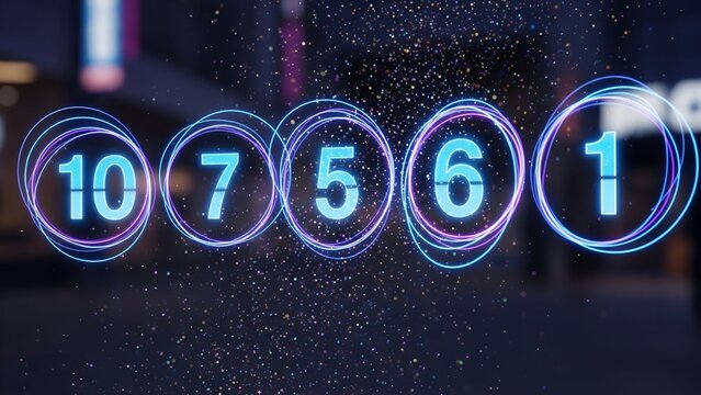 Glowing numbers 10, 7, 5, 6, and 1 inside nested, glowing, neon-like circles. Bokeh background