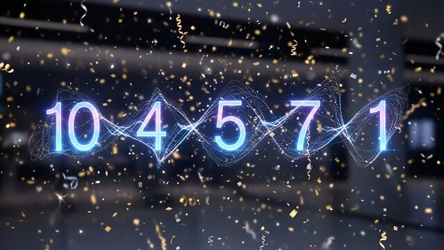 Glowing numbers with a wave effect and confetti, against a blurred interior background