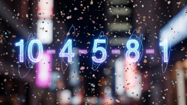Neon numbers against a blurred background with confetti