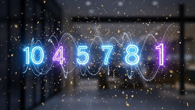 Neon numbers floating with glowing sound waves and confetti against a blurred interior