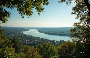 Naklejka premium Wide Mississippi River flows through vibrant green forest landscape under clear blue sky. Charming small town village visible along curving riverbank. Scenic overlook captures nature beauty, peaceful