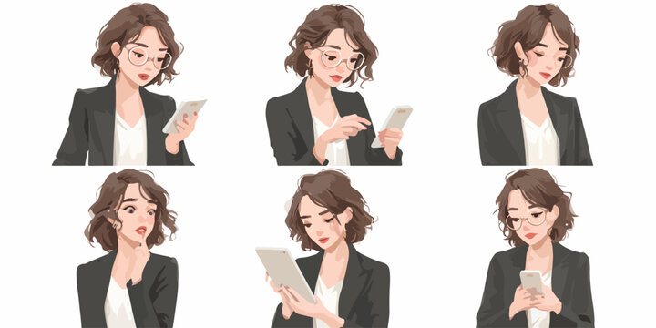 Donna in giacca che usa un tablet e uno smartphone in diverse pose, stile illustrativo.