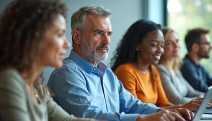 Diverse group of people in office environment attending pro development seminar. Employees listen attentively during workplace training session. Team members collaborating on project with computers