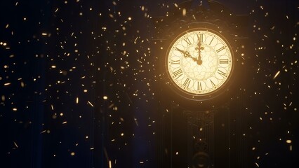 Glowing antique clock face with ornate detail, surrounded by twinkling gold particles
