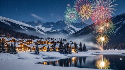 Winter landscape with snow-covered mountains, village lights, fireworks display over the lake