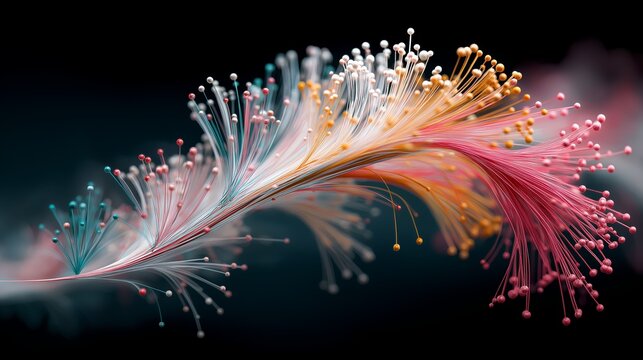 Colorful glowing fiber optic strands representing modern data communication, digital networks, and high-speed information transfer technology, Generative AI