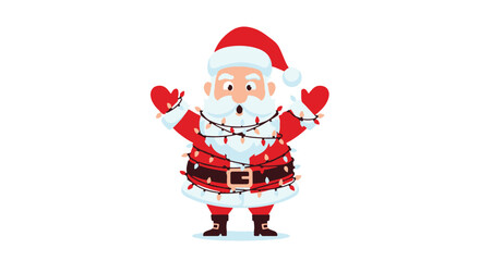 Funny Santa Claus tangled in Christmas lights, celebrating the holiday season