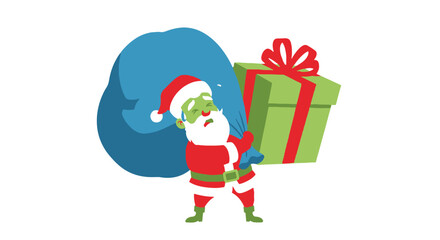 Funny Santa Claus Carrying a Large Bag of Gifts and a Present