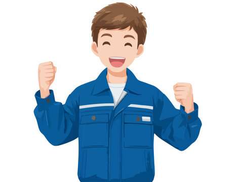 Operaio sorridente celebra un successo con un gesto di vittoria entusiasta.