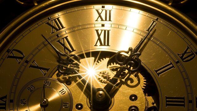 Macro shot of a classic timepiece with Roman numerals, a glowing center, and detailed internal mechanisms