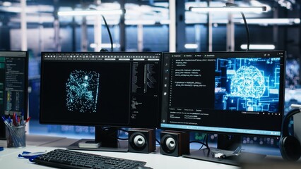 Fototapeta premium Computer systems in data center managing network resources using artificial intelligence tech. PC equipment with visual programming tools enabling efficient data processing and storage