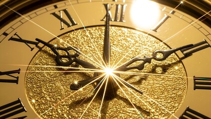 Close-up of gold ornate clock face with Roman numerals and radiant light streaks