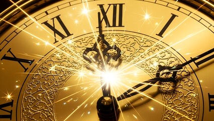 Close-up of gold clock face with decorative details and radiating golden sparkles