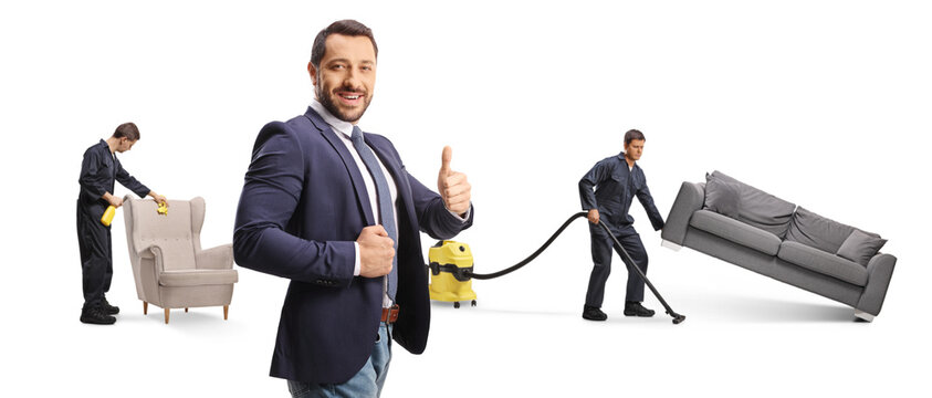 Workers cleaning and a satisfied client gesturing thumbs up