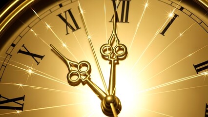 Close-up of a gold clock face showing almost midnight, radiating light