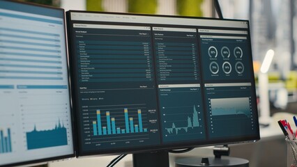Empty corporate workstations with computers running financial diagnostics for forecasting, planning development with analytics and performance metrics. Synergy and efficiency at the workspace.
